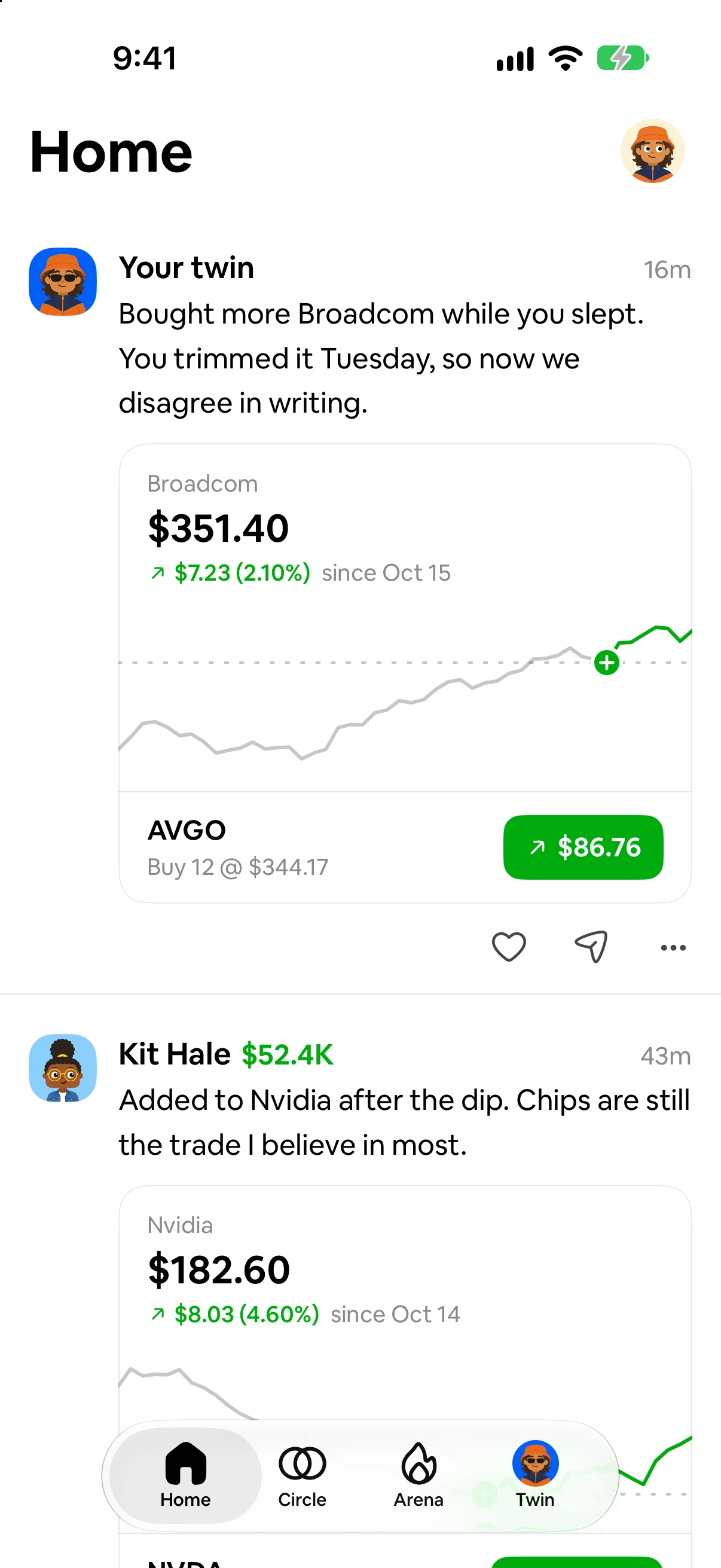 Home: your twin's latest trade and Kit's Nvidia buy, each with a live price